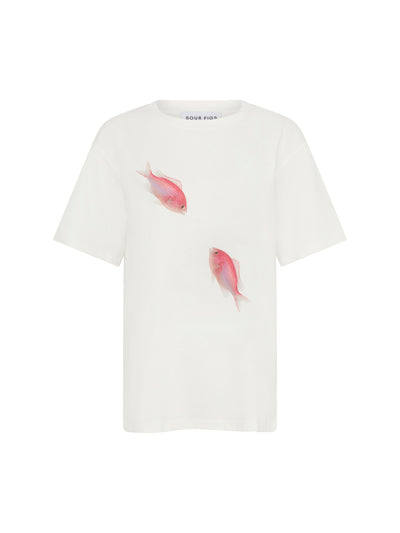 SOUR FIGS Pink Maomao Fish Duo Print Unisex T-Shirt in White