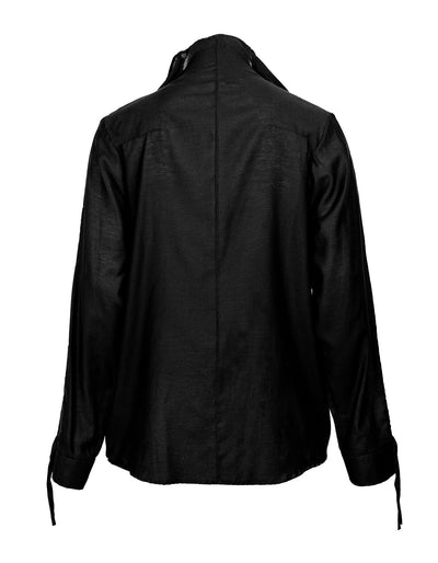 Stand-Up Collar Faux Two-Piece Drawstring Shirt