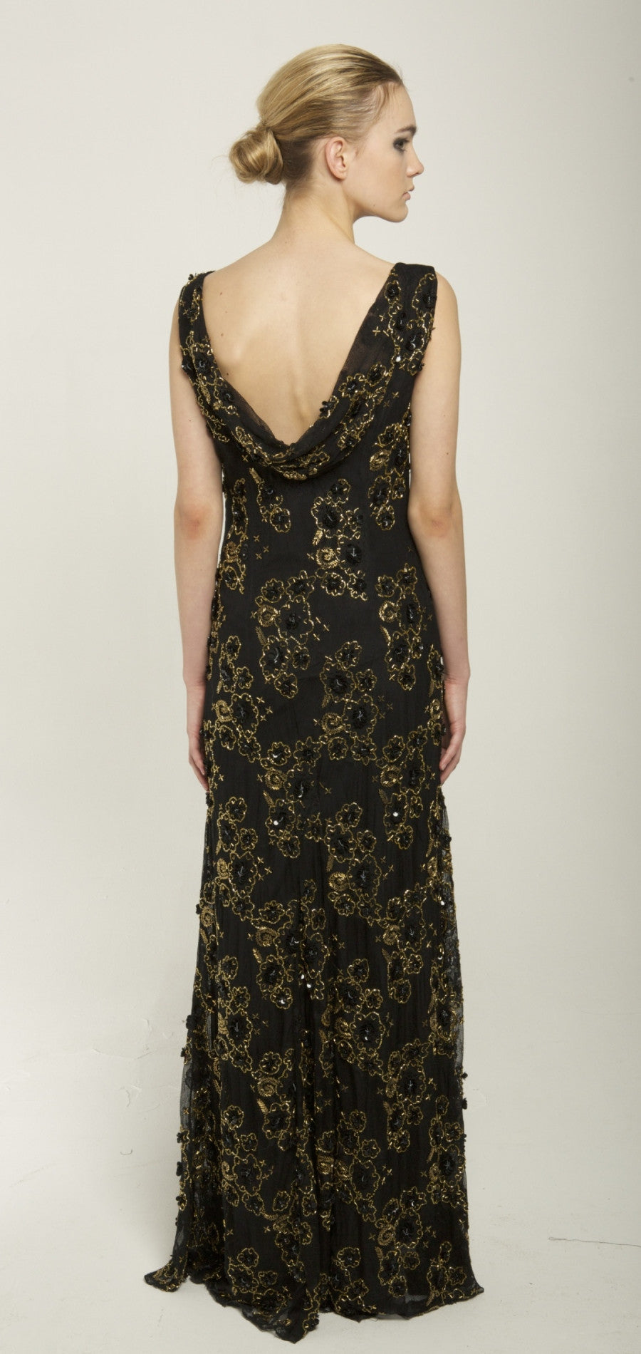 Black floral metallic bead embellished gown