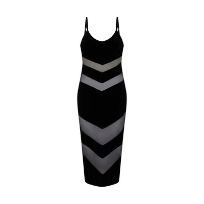 SOUR FIGS Contrast Tulle and Velvet Panel Midi Dress in Black
