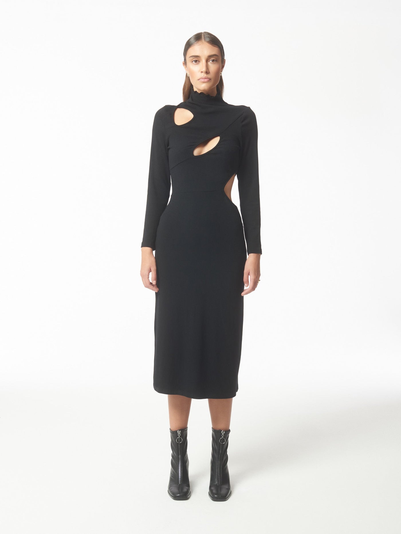 SOUR FIGS Cutout Stretch Knit Midi Dress in Black