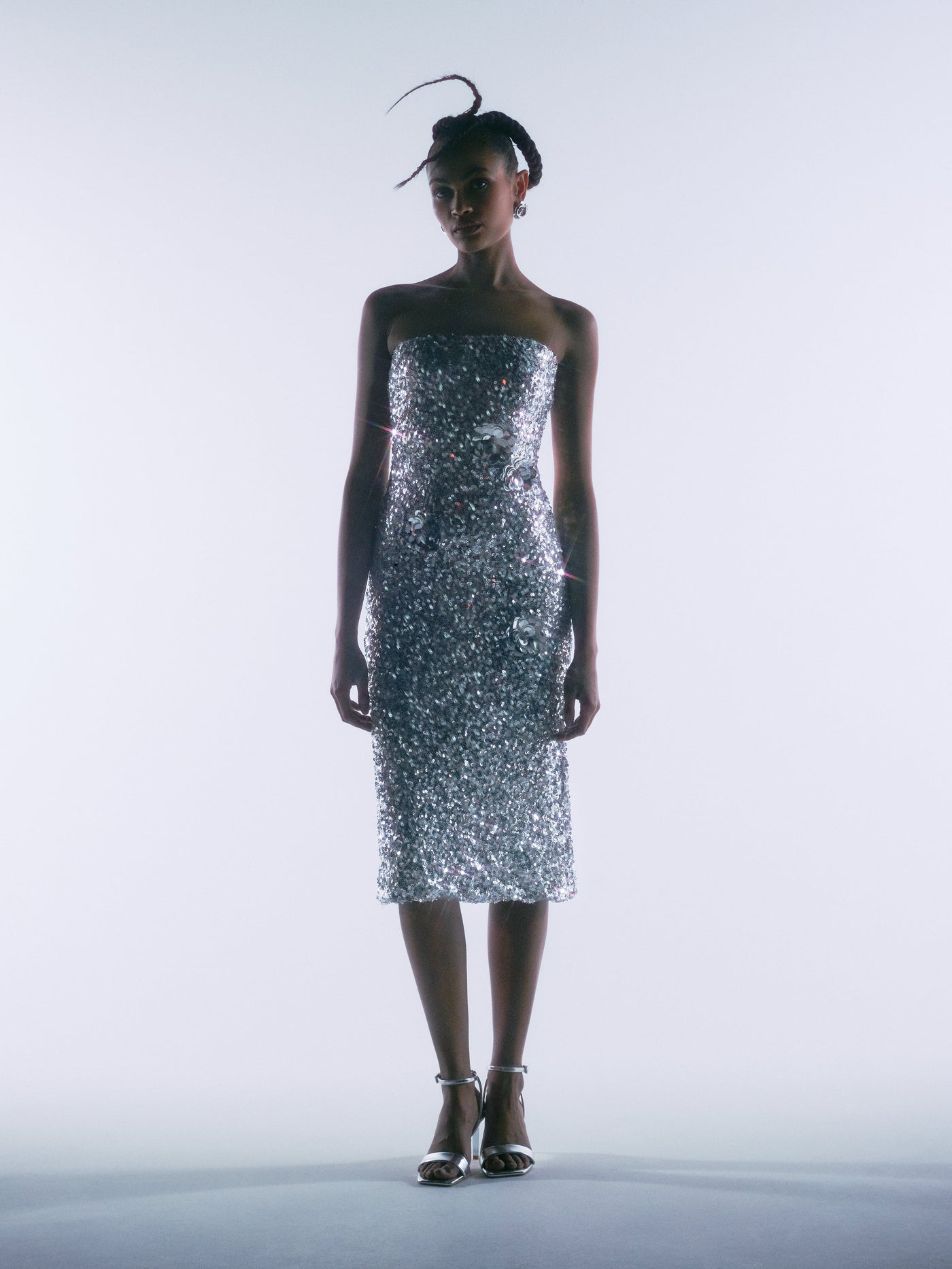 silver sequin dress with flowers Bride in Sequin Silver Mini Dress With Flowers, Sunglasses, Bouquets and Heels