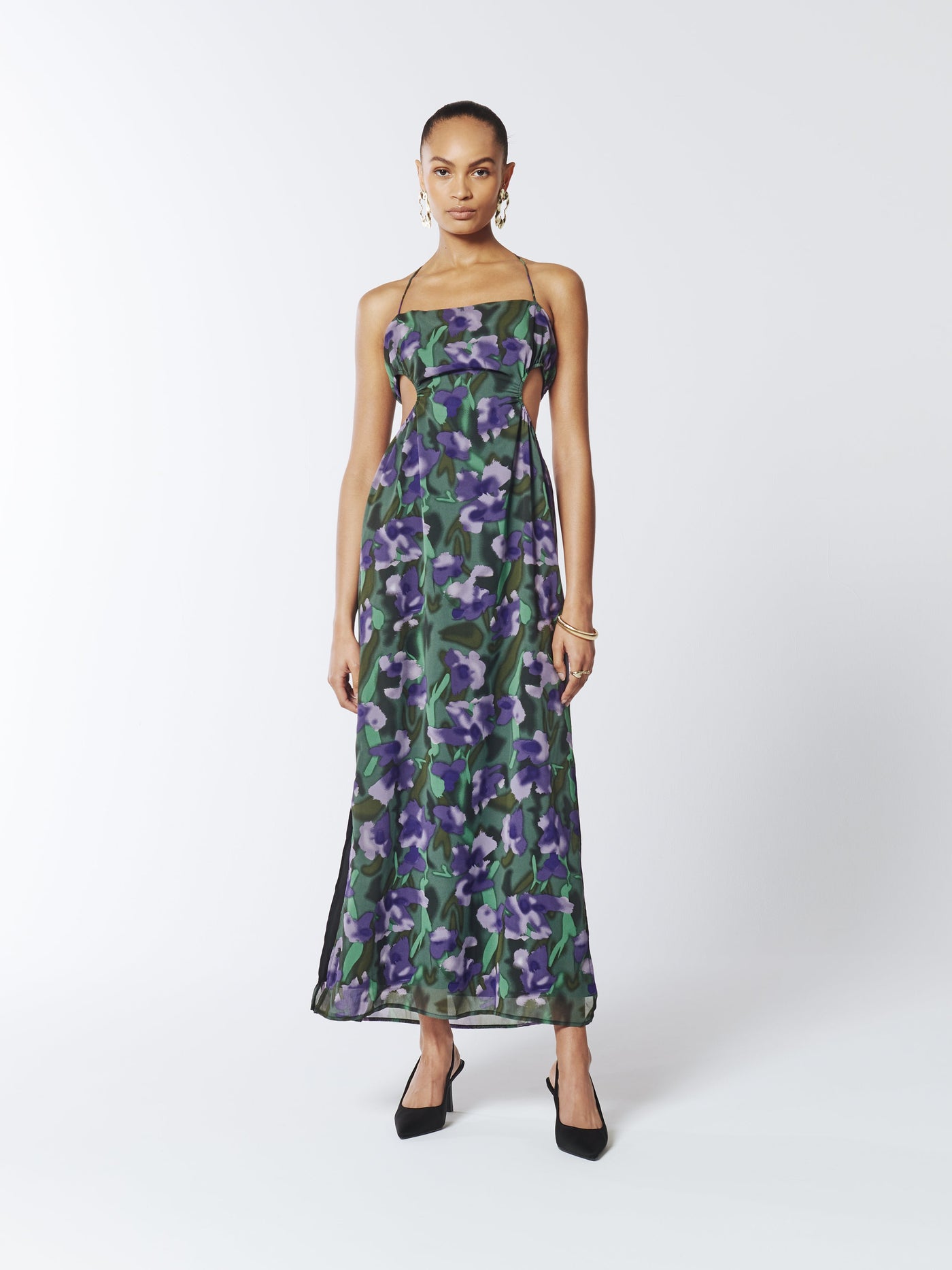 SOUR FIGS Violette Tie Halter Floral Dress in Purple Comet and Dark Green
