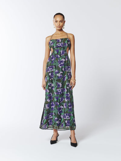 SOUR FIGS Violette Tie Halter Floral Dress in Purple Comet and Dark Green