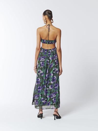 SOUR FIGS Violette Tie Halter Floral Dress in Purple Comet and Dark Green