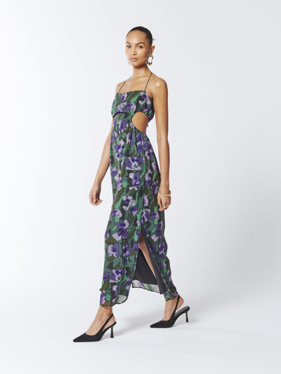 SOUR FIGS Spring Summer collection Violette Tie Halter Floral Dress in Purple Comet and Dark Green