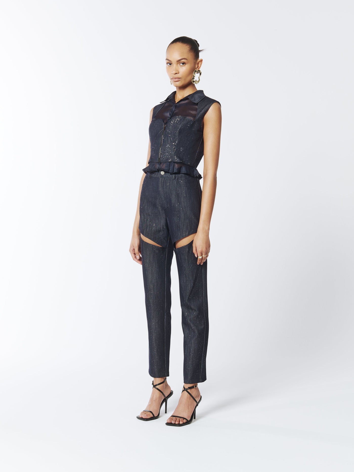SOUR FIGS Composite Sparkly Denim Bustier Blouse in Profound Blue