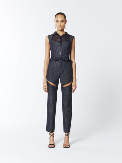 SOUR FIGS Composite Sparkly Denim Bustier Blouse in Profound Blue