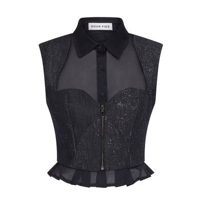 SOUR FIGS Composite Sparkly Denim Bustier Blouse in Profound Blue