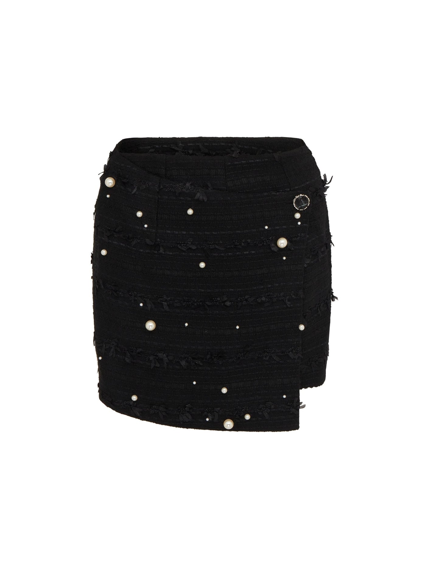 SOUR FIGS Faux Pearl-Embellished Asymmetric Wrap Skirt in Black