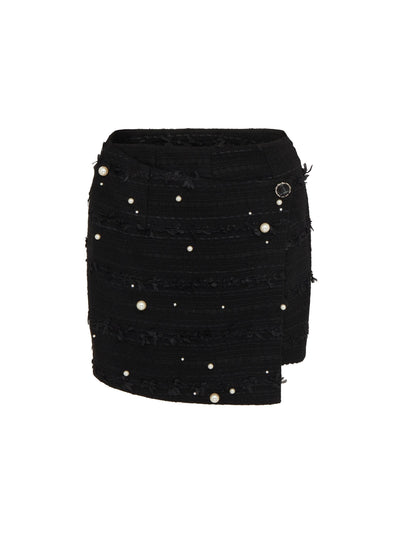 SOUR FIGS Faux Pearl-Embellished Asymmetric Wrap Skirt in Black