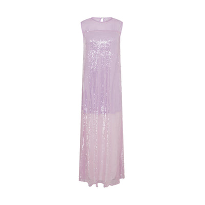 SOUR FIGS Purple sequin gown featuring sheer tulle, a mesh neckline, and a flowing silhouette, designed to capture the essence of elegance and fantasy.
