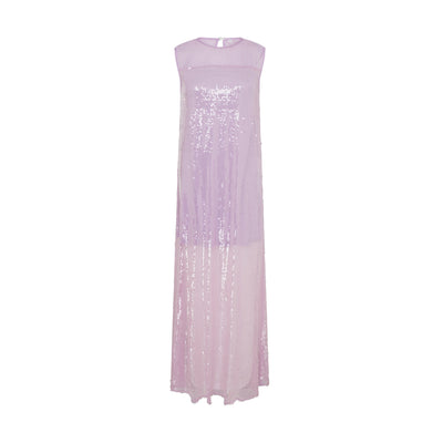 SOUR FIGS Purple sequin gown featuring sheer tulle, a mesh neckline, and a flowing silhouette, designed to capture the essence of elegance and fantasy.