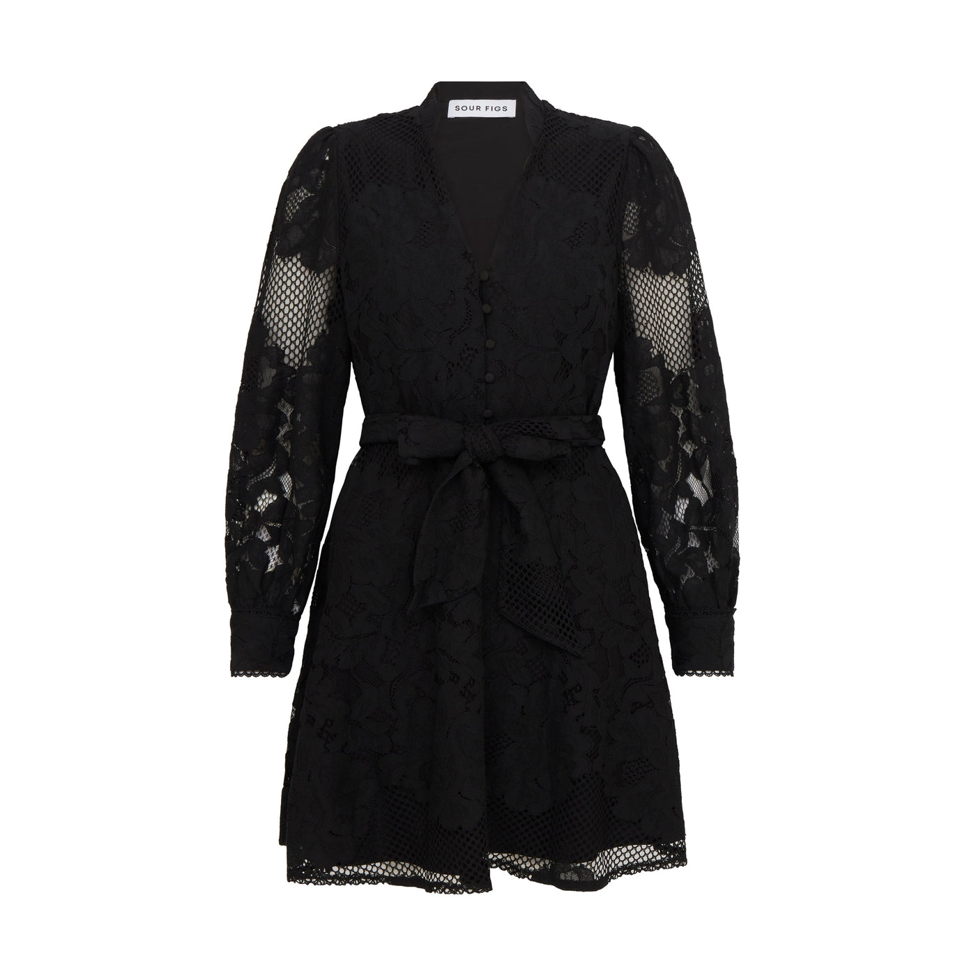 SOUR FIGS Sheer Lace Long Sleeve Mini Dress in Black 