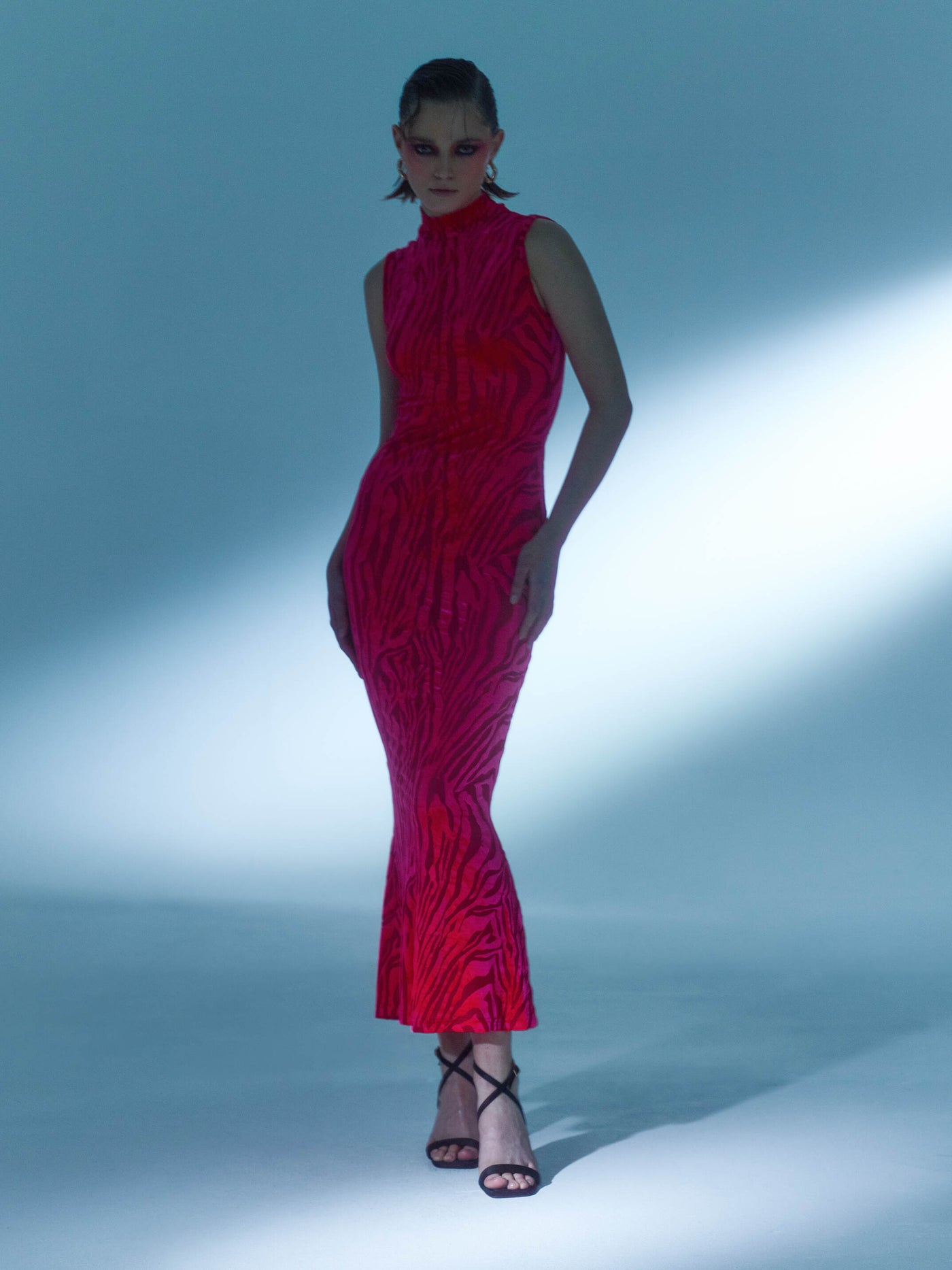 SOUR FIGS Zebra Velvet High Neck Sleeveless Dress in Neon Pink