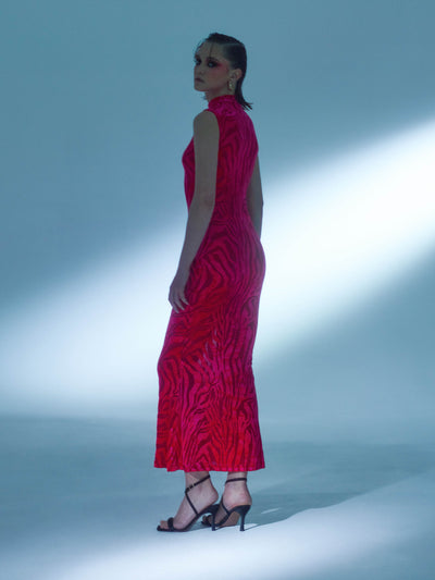 SOUR FIGS Zebra Pattern High Neck Sleeveless Velvet Dress in Neon Pink 