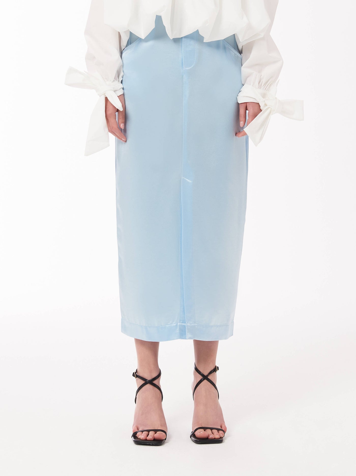 Satin Midi Tie Waist Skirt in Baby Blue