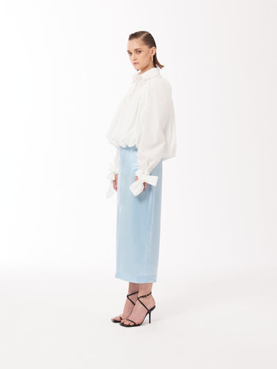 Volume-pleated Puff Sleeves Tie Cuff Shirt in White