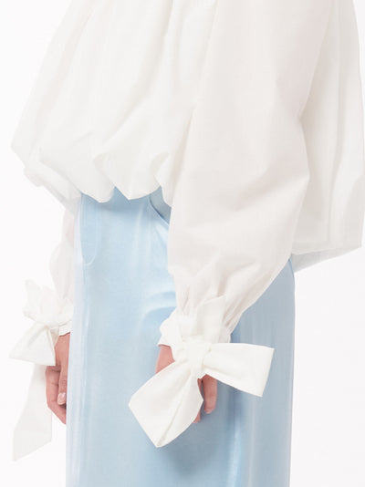 White Volume-pleated Puff Sleeves Tie Cuff Shirt