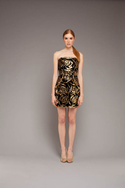 Black gold silk velvet mini dress