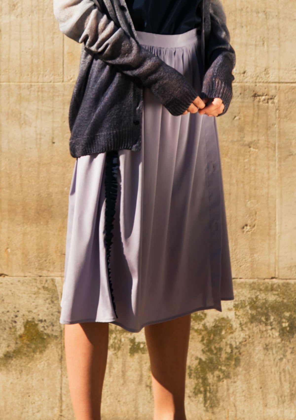 Silk midi-skirt with contrasted colour frills ruban, lavender