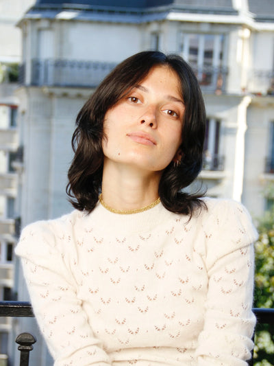 Puffy sleeves openwork sweater in wool angora