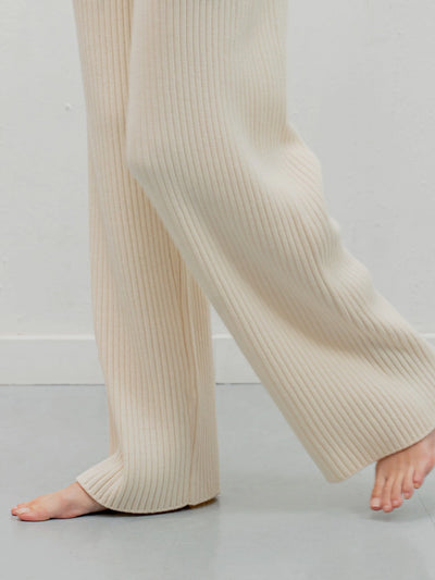  Ribbed pants in ivory merino wool