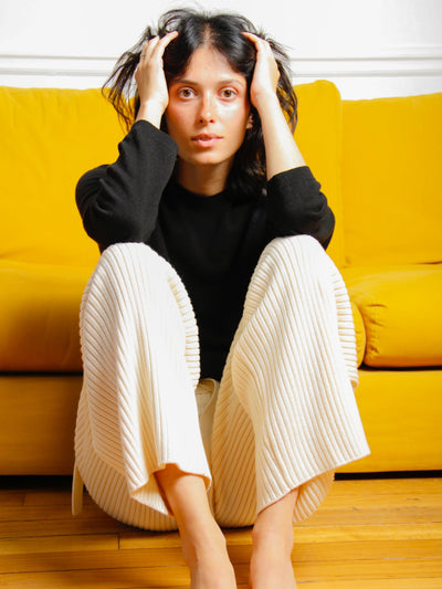  Ribbed pants in ivory merino wool