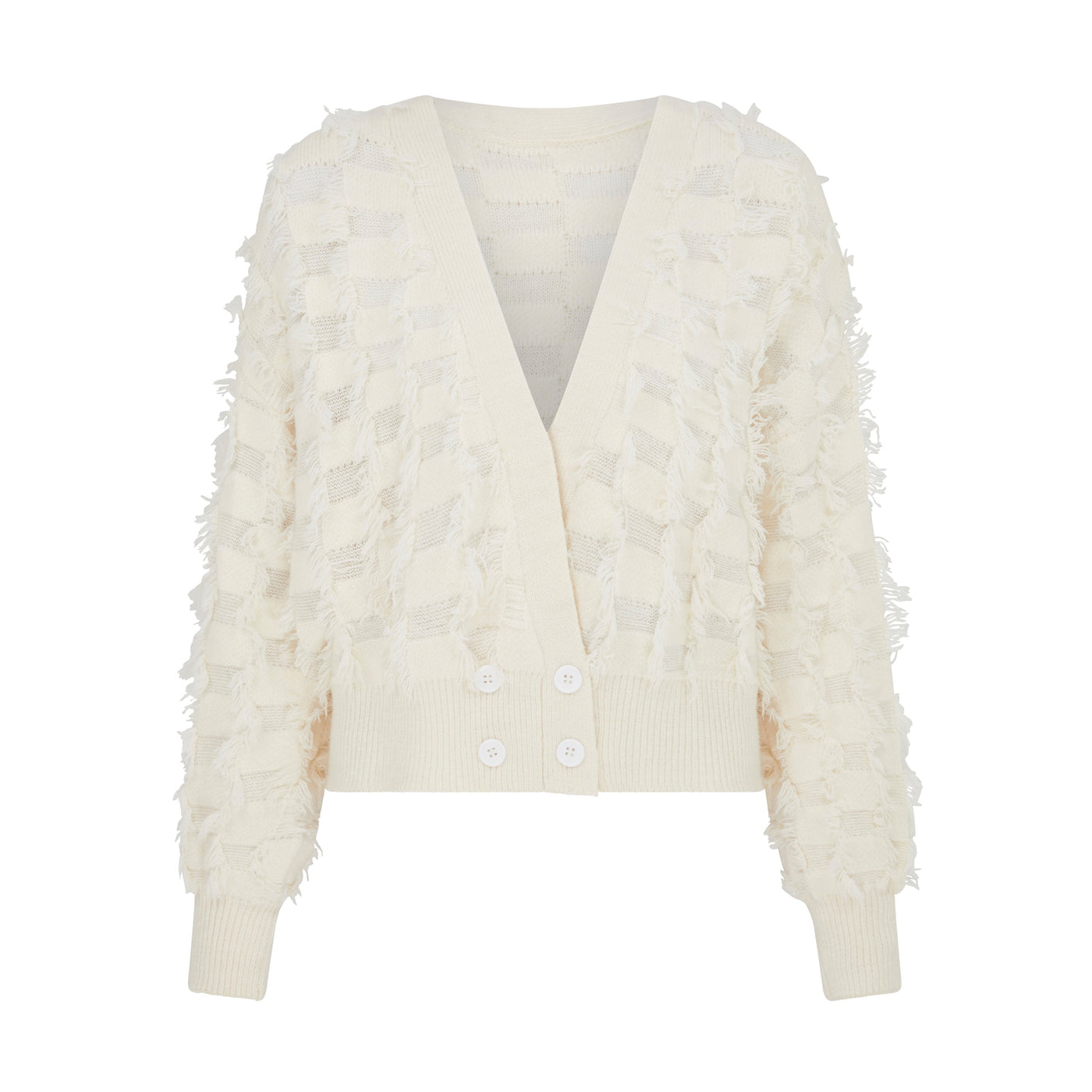 SOUR FIGS Fringed Checkerboard Cardigan in White