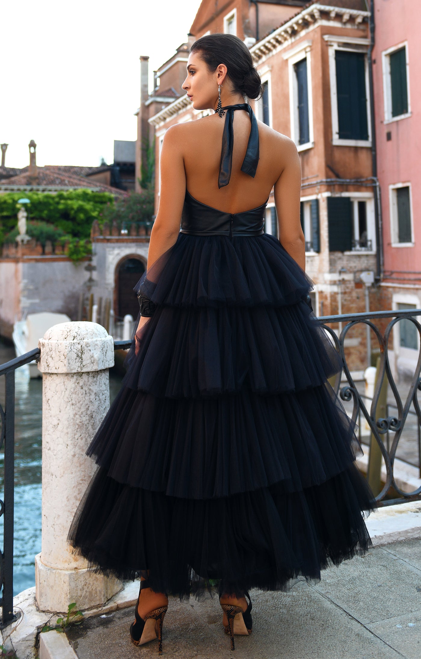 Leather dress "Face" with open back