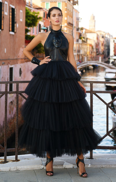 Leather dress "Face" with open back