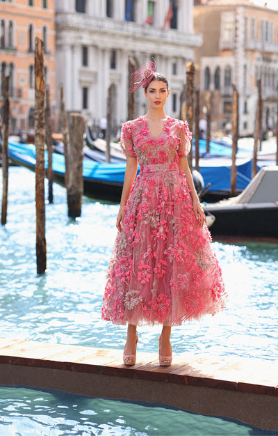Cocktail dress "Hortensia" calypso coral with detachable sleeves