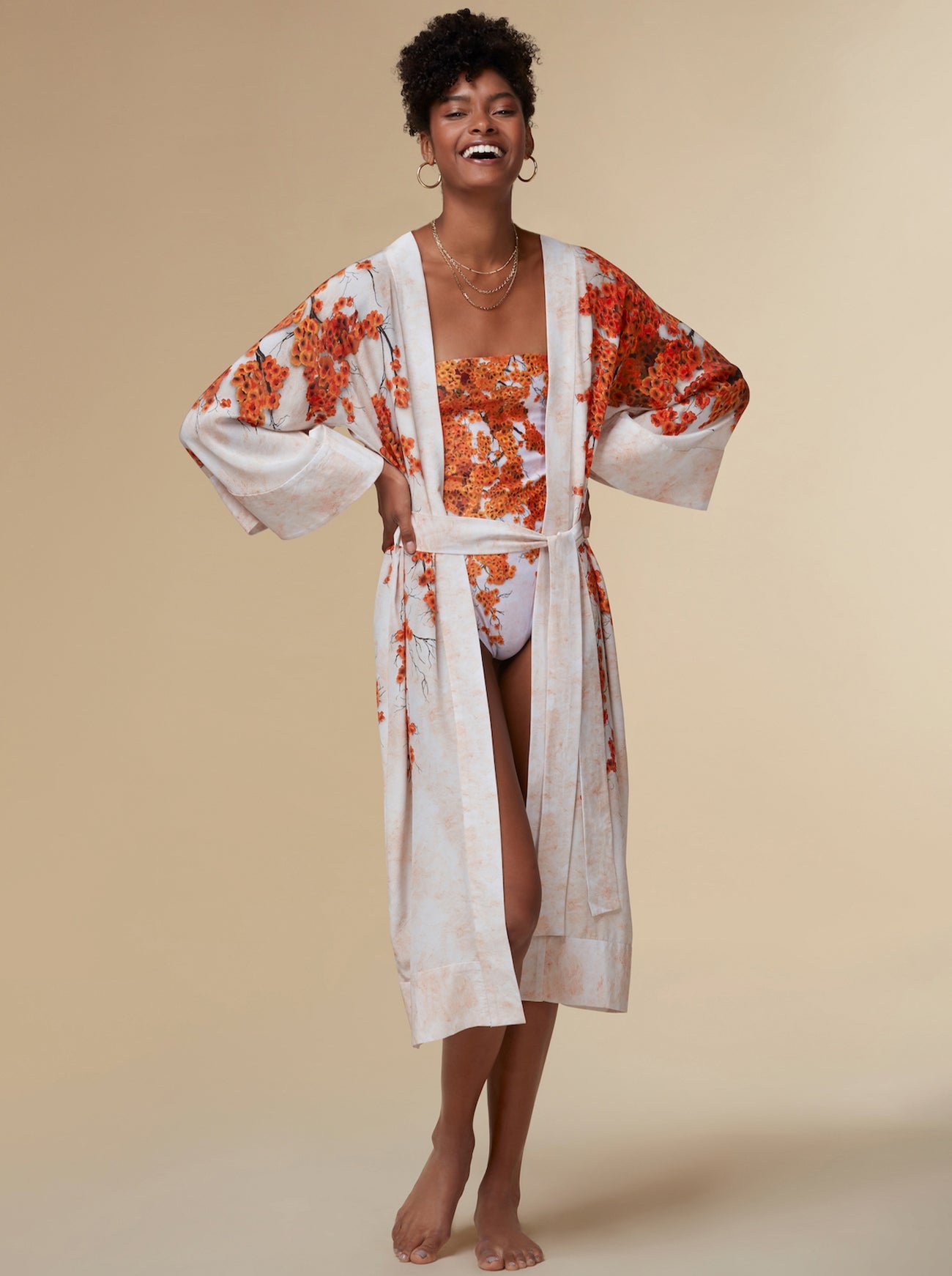 Alice Silk Kimono Robe Orange Print