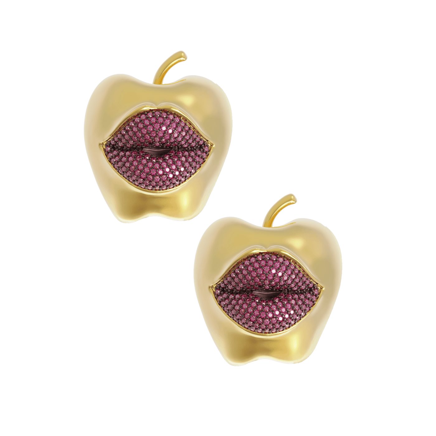 Gold apple-shaped earrings with pink lips