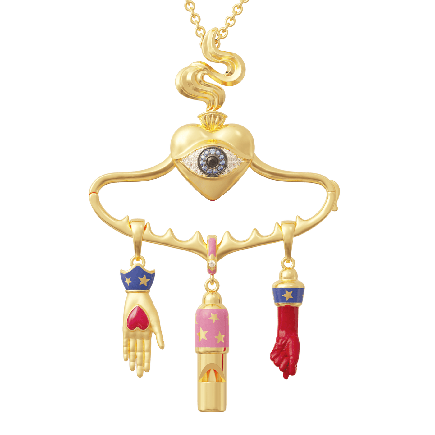 Gold necklace with heart-shaped pendant and three dangling charms 