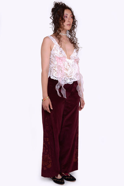 Brigette Trousers in Burgundy Velvet with laser cut details