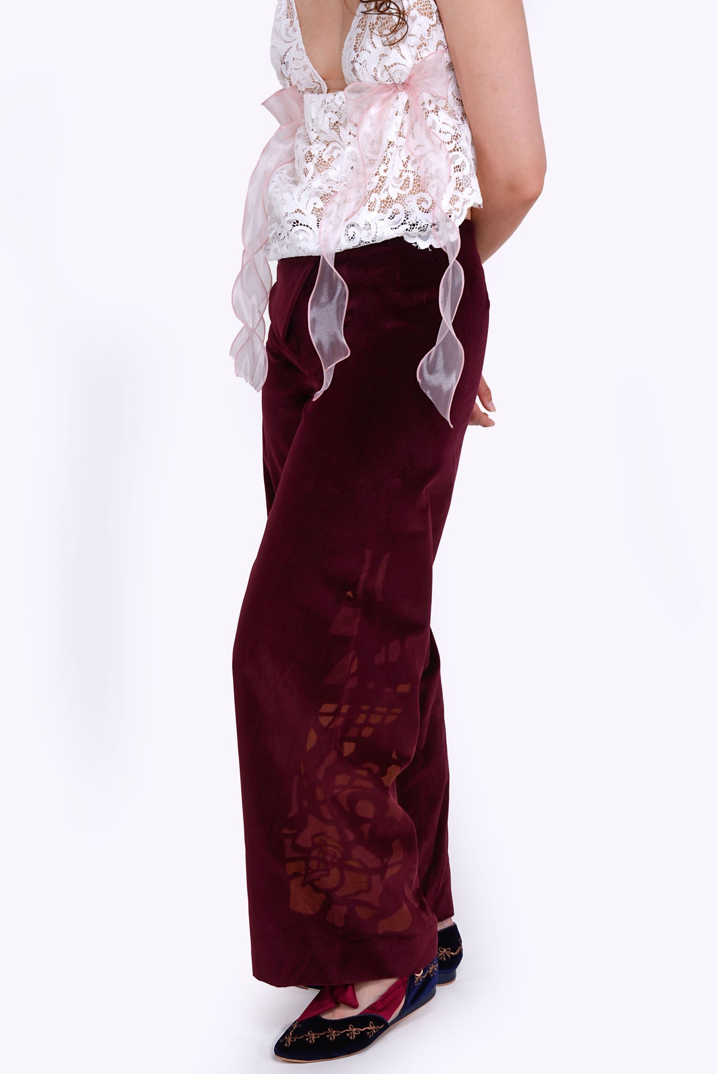 Brigette Trousers in Burgundy Velvet with laser cut details
