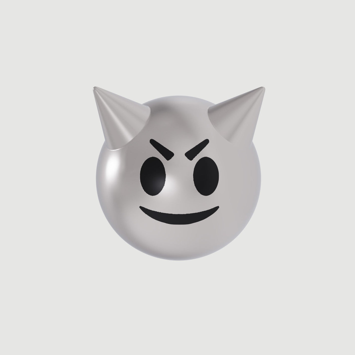 A silver-colored earring with a mischievous evil emoji design.