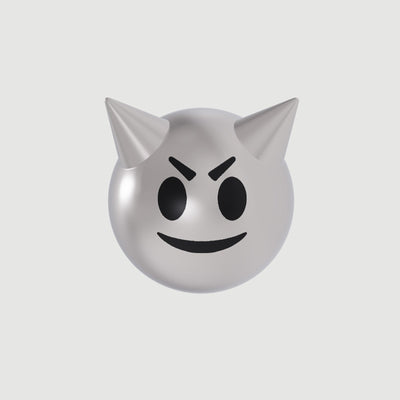 A silver-colored earring with a mischievous evil emoji design.