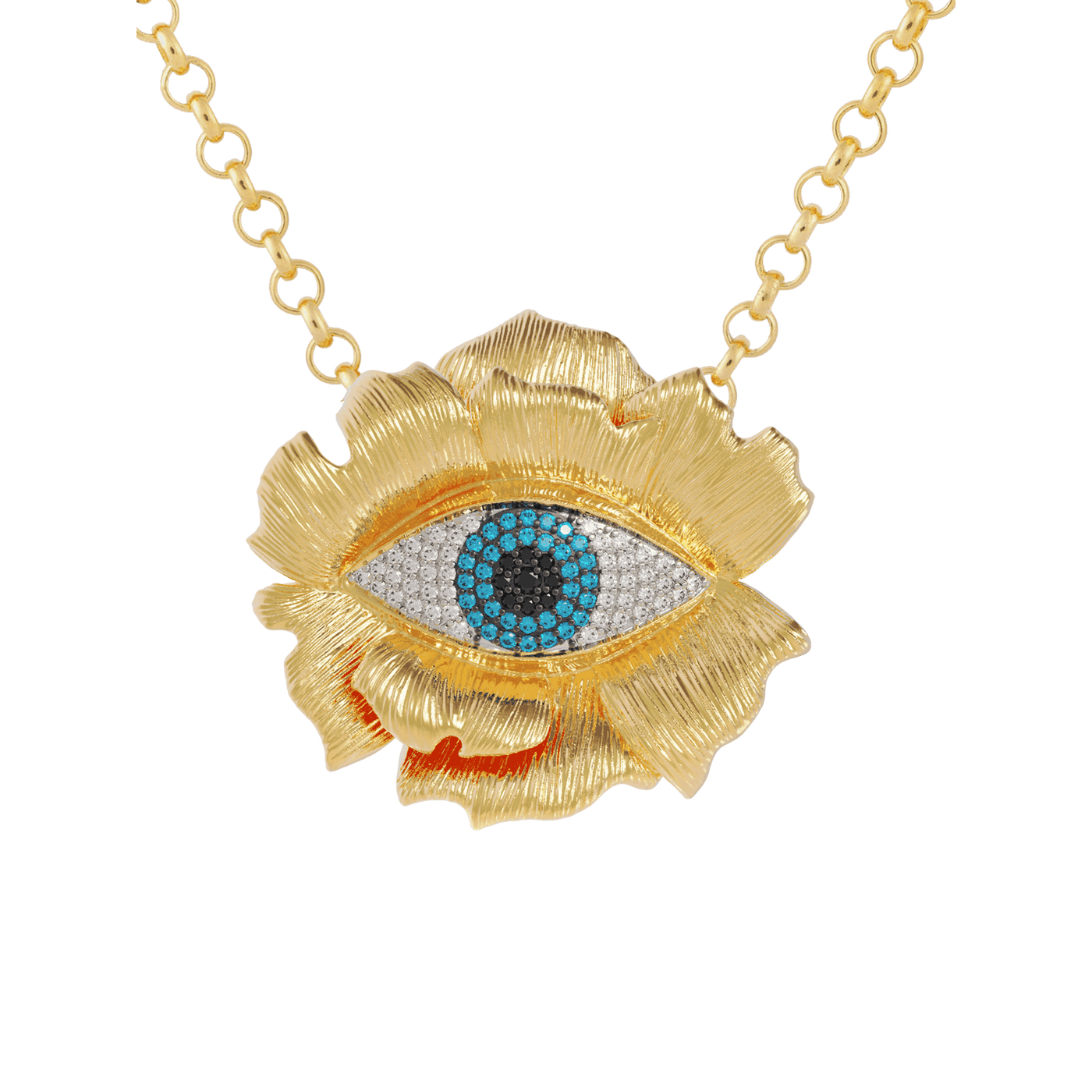 A gold flower necklace with an eye-shaped pendant 