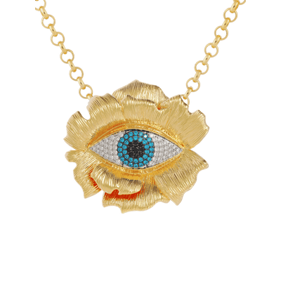 A gold flower necklace with an eye-shaped pendant 