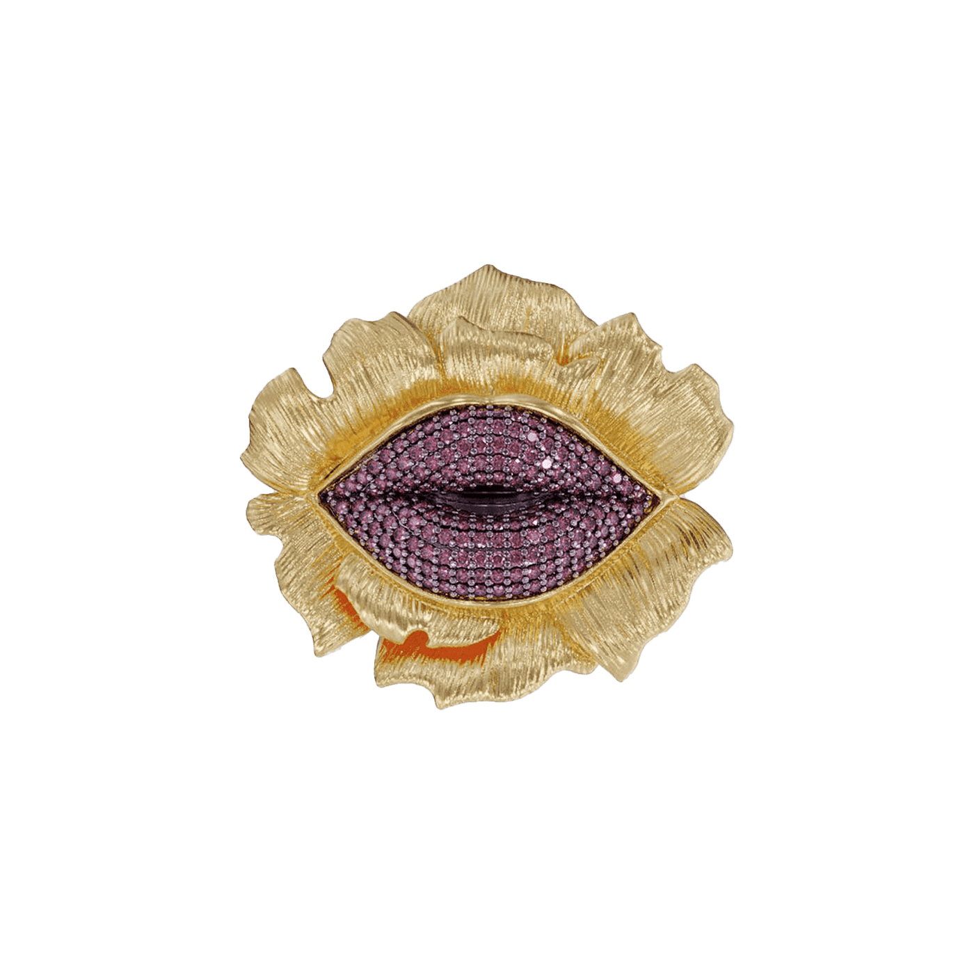 Gold and ruby lip-shaped jewelry piece on a gold flower
