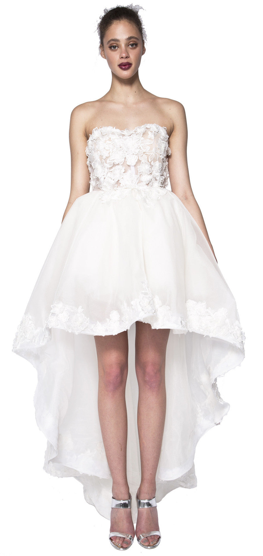 High low strapless lace silk organza gown