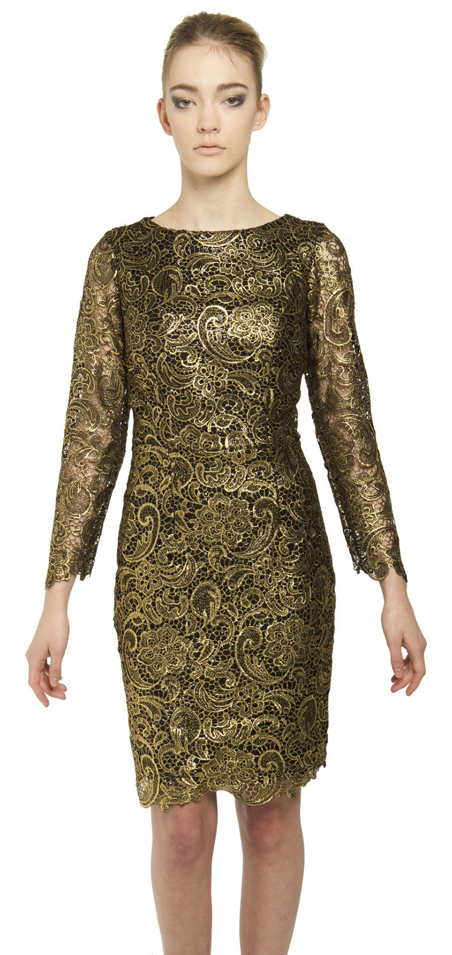 Gold lace sequin long sleeve dress