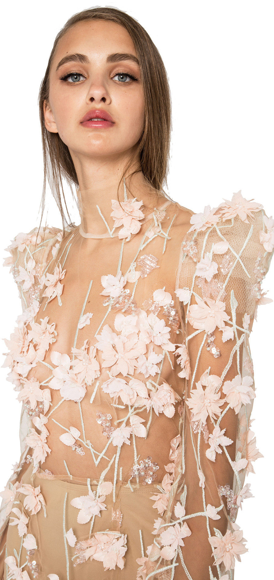 Floral nude mesh sheer gown
