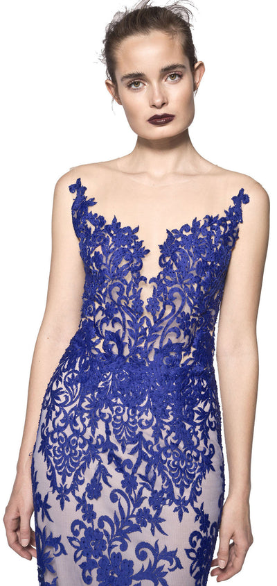 Turquoise off shoulder lace embellished gown