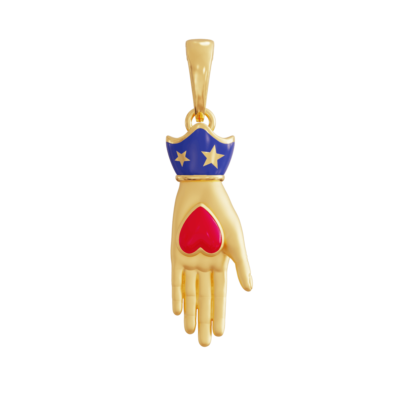 Gold pendant shaped like a hand with a red heart and blue shield 