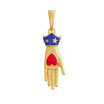 Gold pendant shaped like a hand with a red heart and blue shield 
