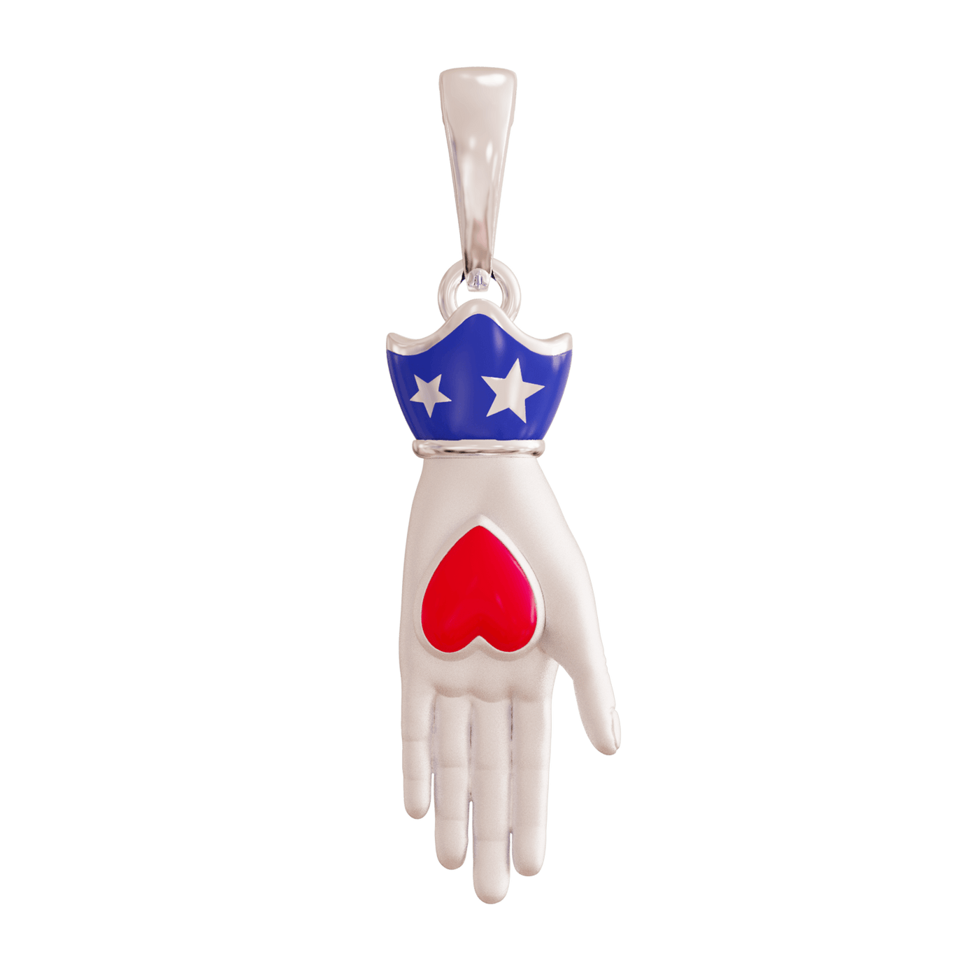 Pendant shaped like a hand with a red heart and blue shield 