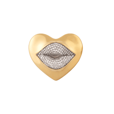 Gold heart-shaped pendant with diamond-studded lips